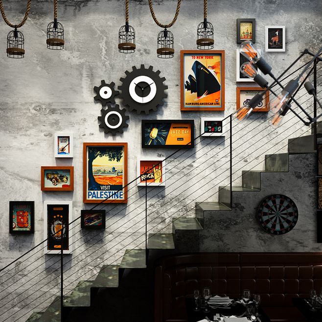 工業(yè)風(fēng)餐廳樓梯墻面裝飾復(fù)古酒吧飯店走廊過(guò)道背景墻齒輪墻壁掛件